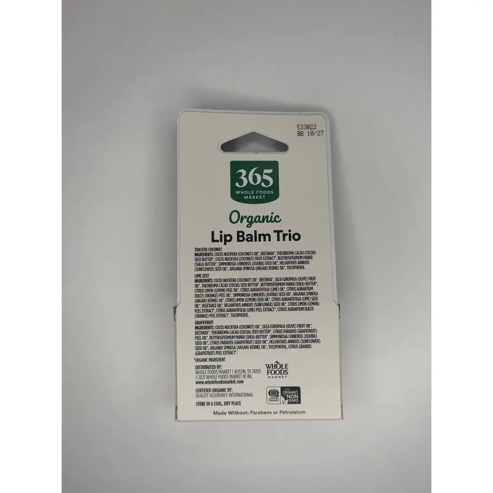 Set of 2! 365 Whole Foods Market Organic Lip Balm 3 Pack Coconut Lime Grapefruit